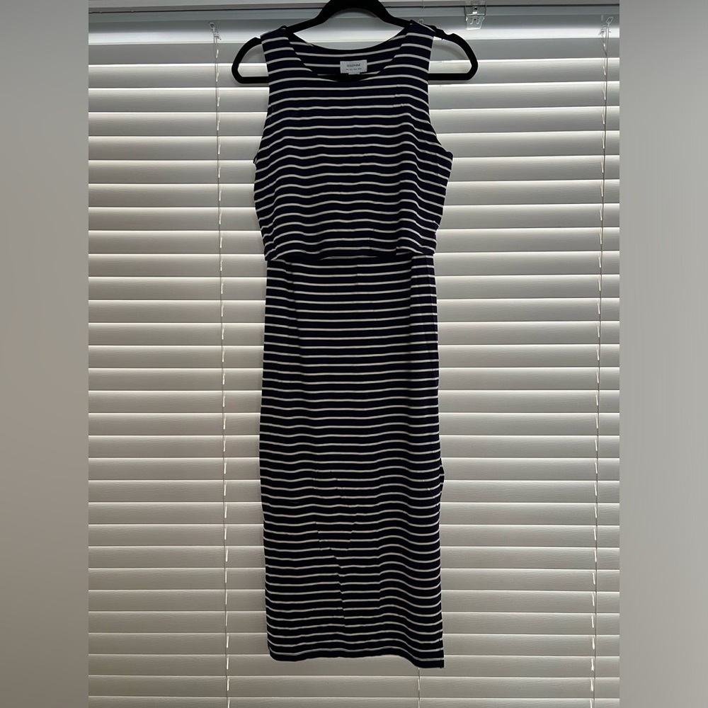 Seraphine navy white stripe nursing/maternity midi dress